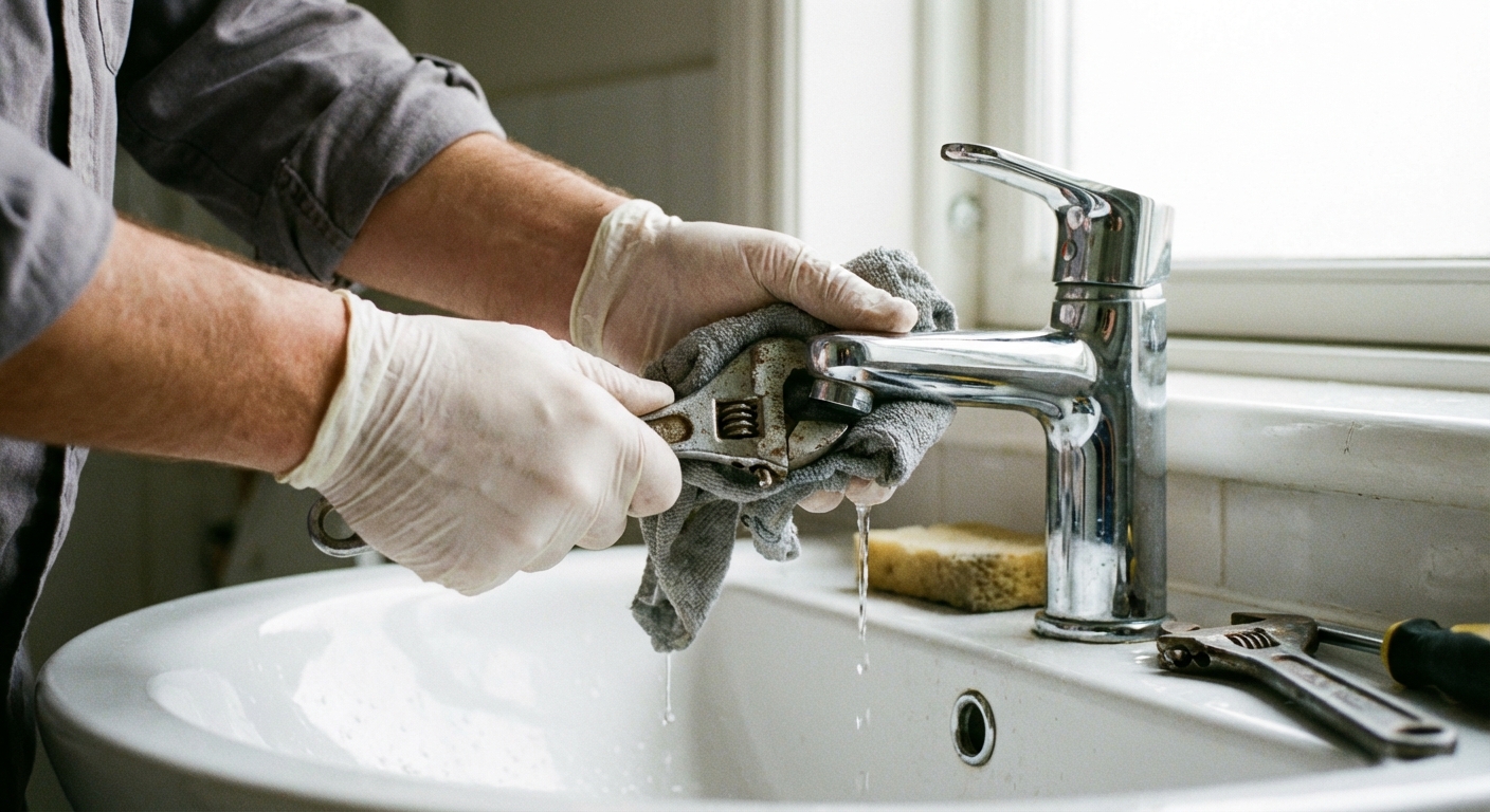 A real photo of hands using a small adjustable wrench with a cloth to loosen a faucet aerator at the tip of a chrome bathroom faucet, bathroom sink below