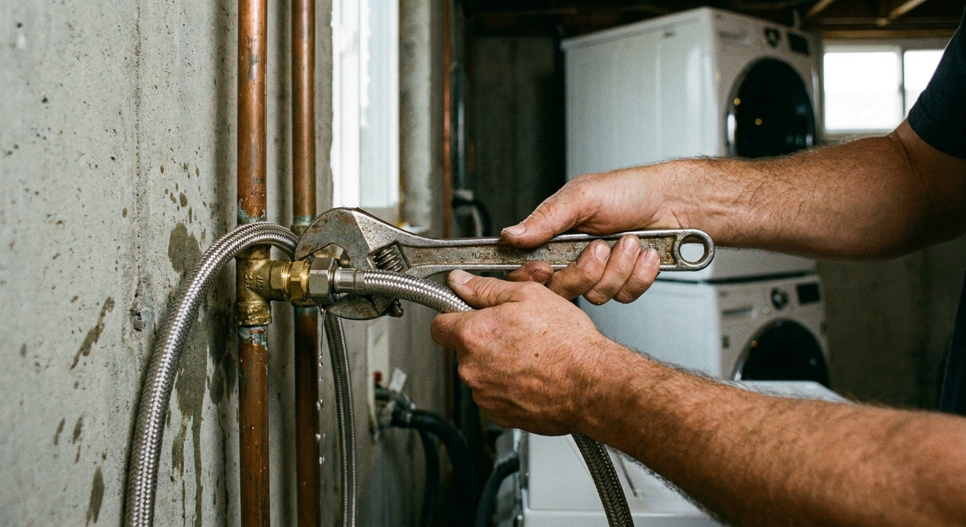 A real photo of hands using an adjustable wrench to snug a braided stainless steel washing machine hose onto a laundry shutoff valve