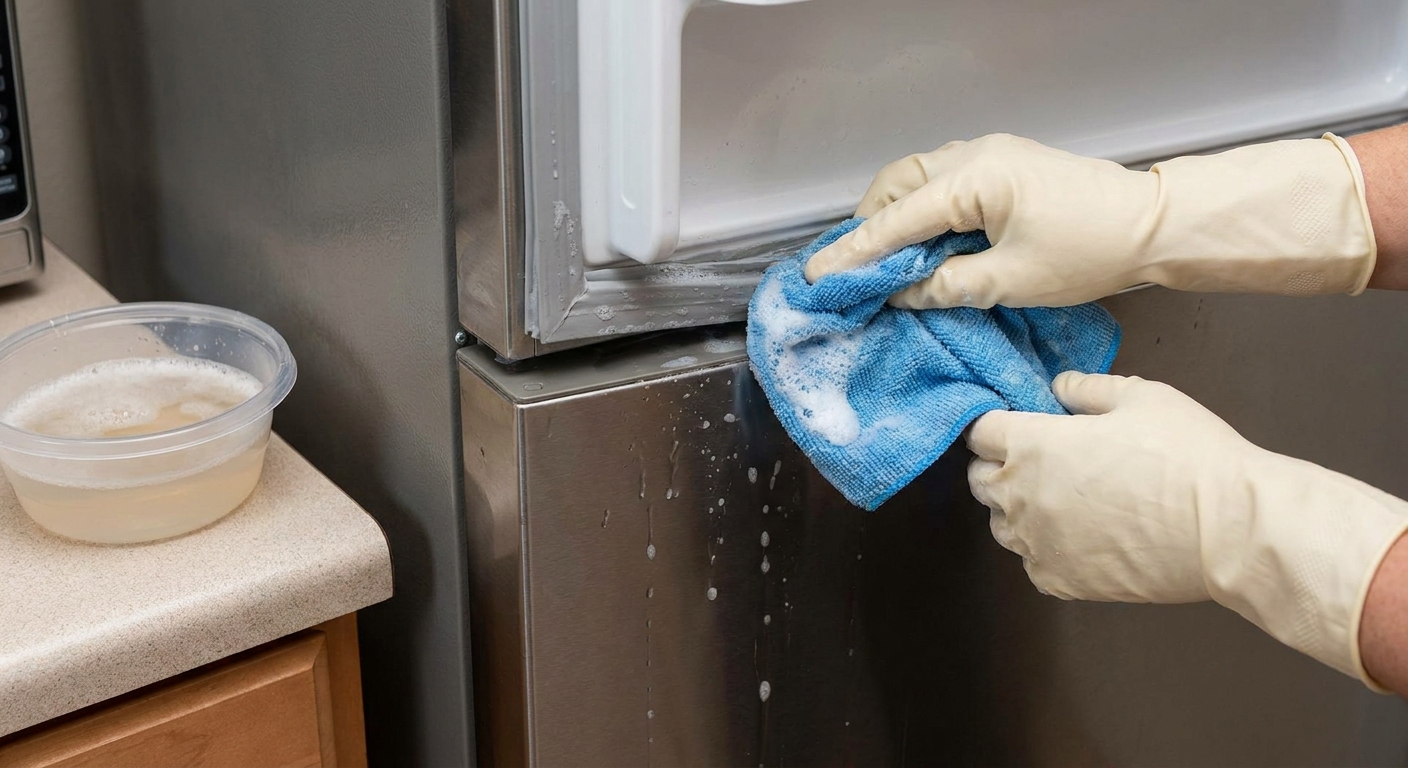 A real photo of hands wiping a refrigerator door gasket with a damp cloth and warm soapy water