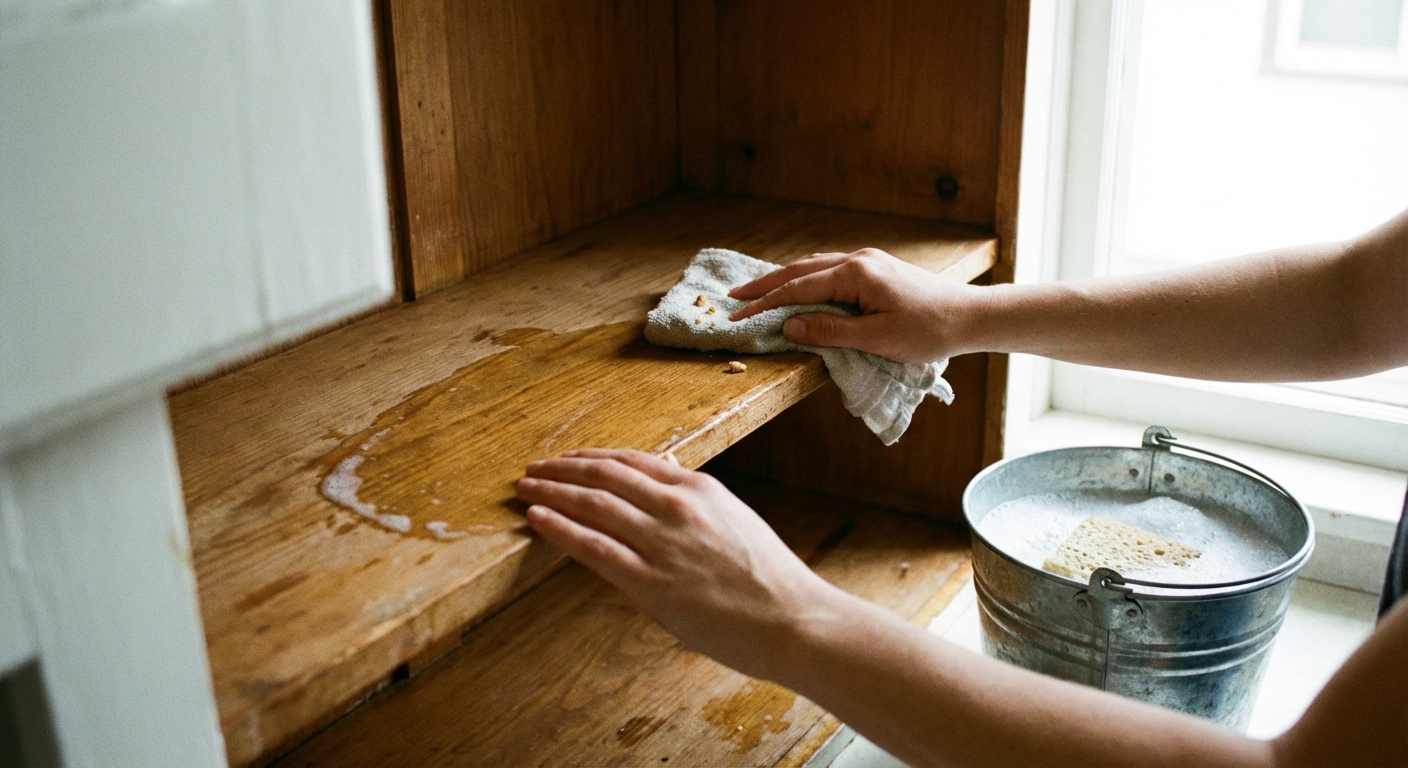 A real photo of hands wiping an empty pantry shelf with a damp cloth next to a small bucket of soapy water, bright kitchen lighting, close mid shot