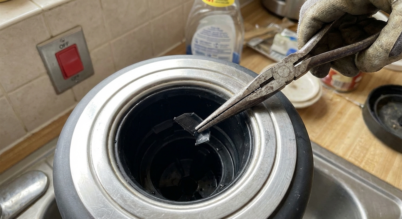 A real photo of needle-nose pliers reaching into a garbage disposal opening from above the sink, gripping a small piece of debris while the power switch is off, kitchen counter in background