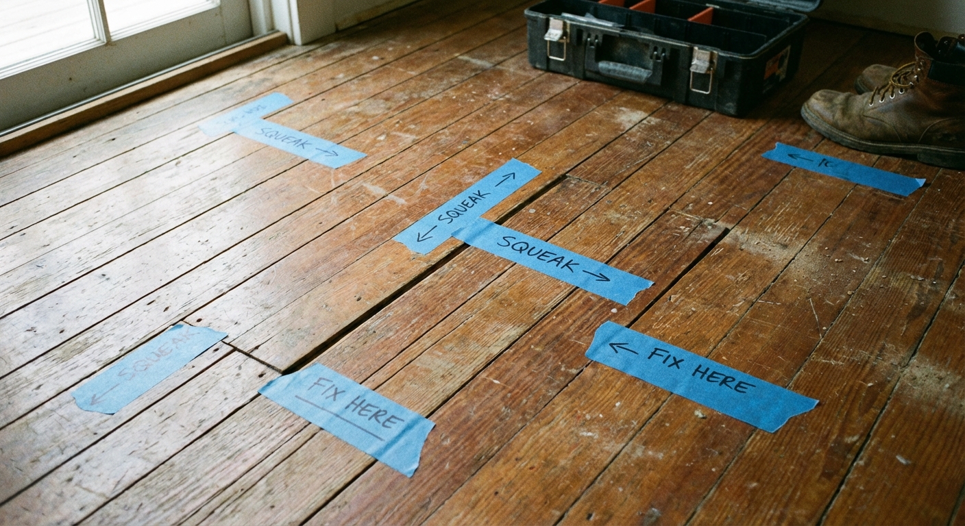 A real photo of painter's tape marks on a hardwood floor indicating squeaky spots