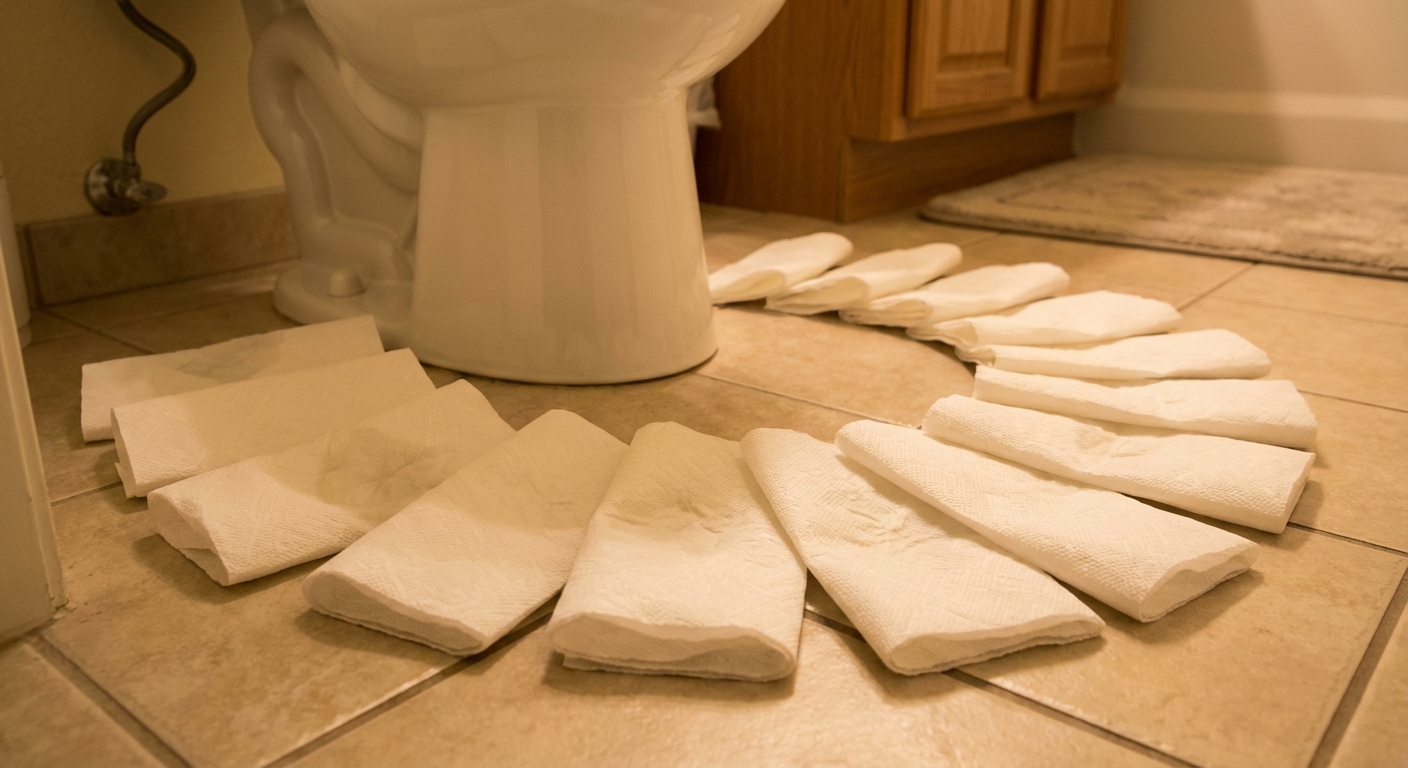 A real photo of paper towels placed in a ring around the base of a toilet on a tile floor, set up to detect small leaks, bathroom lighting