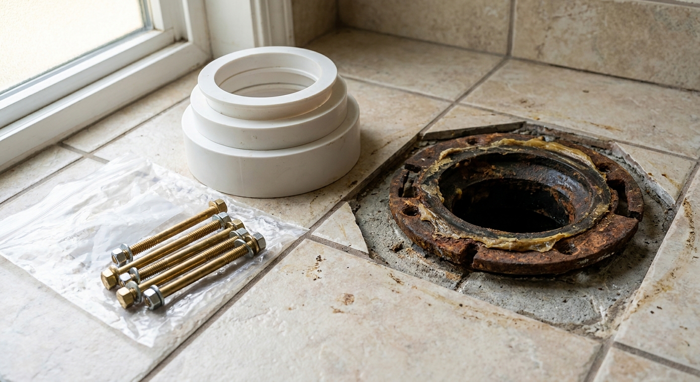 A real photo of plastic toilet flange extender rings and longer screws laid out on a bathroom floor next to an exposed flange
