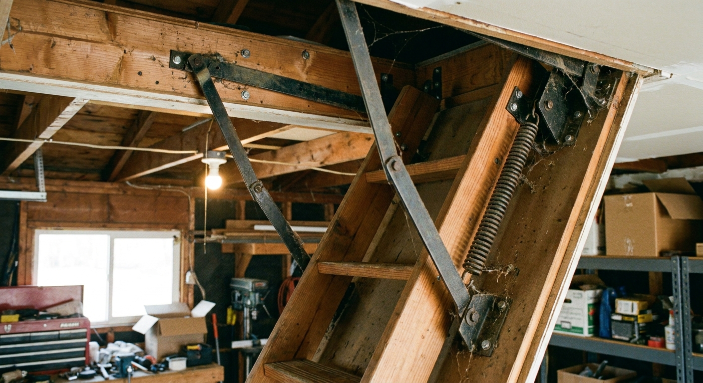 A real photo of pull-down attic stairs partially open, showing the metal hinge arms and spring mechanism mounted to the wood frame in a garage ceiling