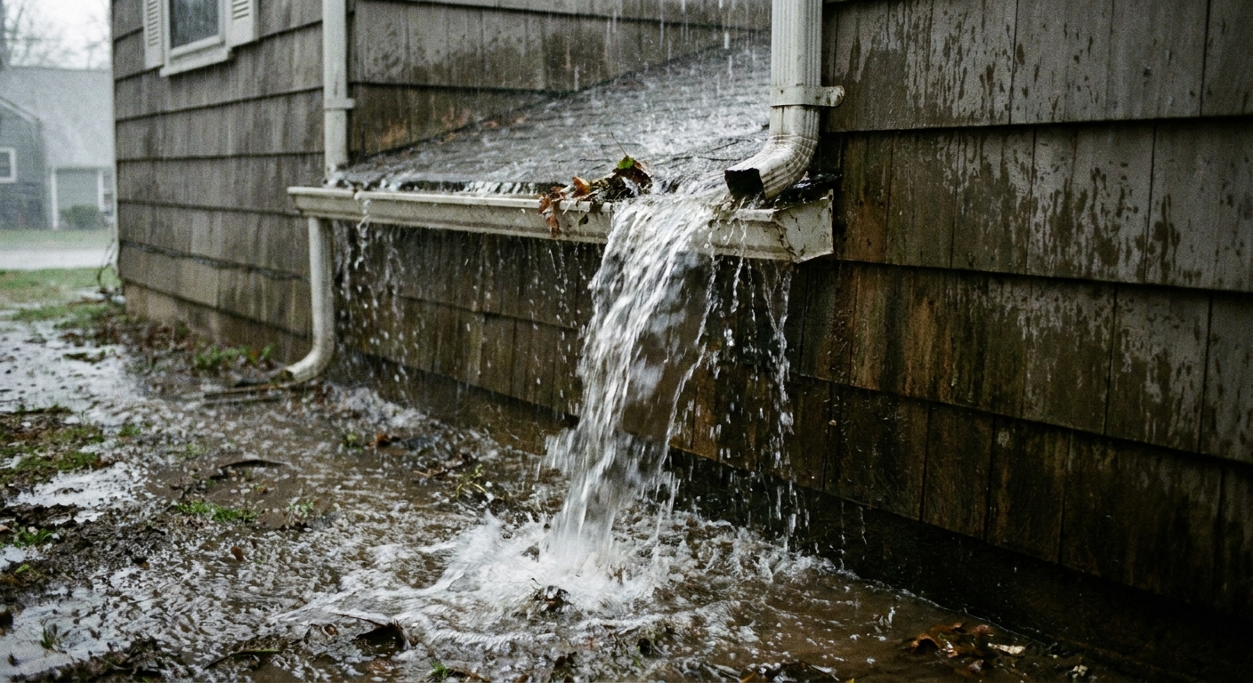 A real photo of rainwater spilling over a house gutter near a downspout, with wet siding and splashing water below