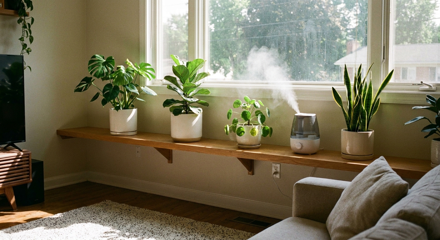 A real photo of several healthy indoor houseplants spaced apart on a shelf with a small humidifier nearby in a bright living room