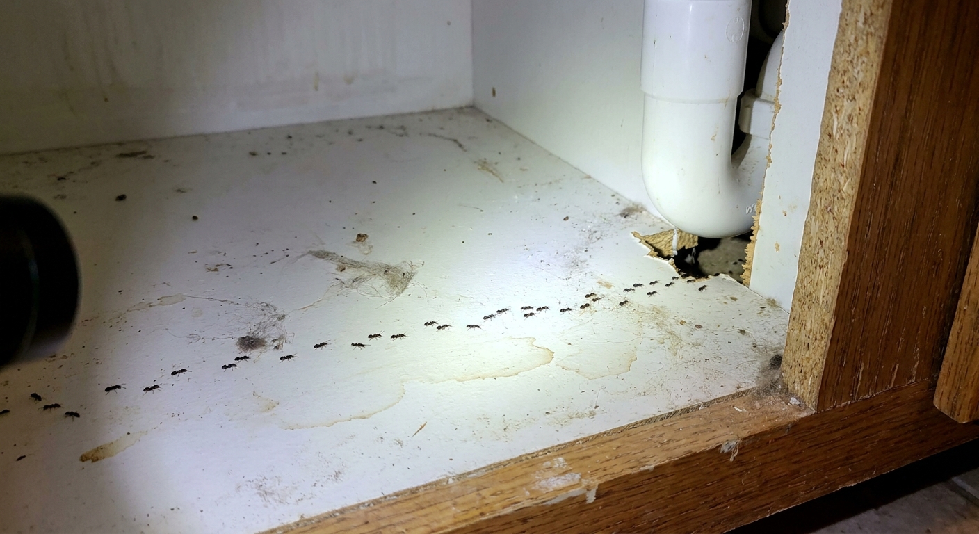 A real photo of small ants walking into a bathroom vanity cabinet through a gap around a drain pipe under the sink