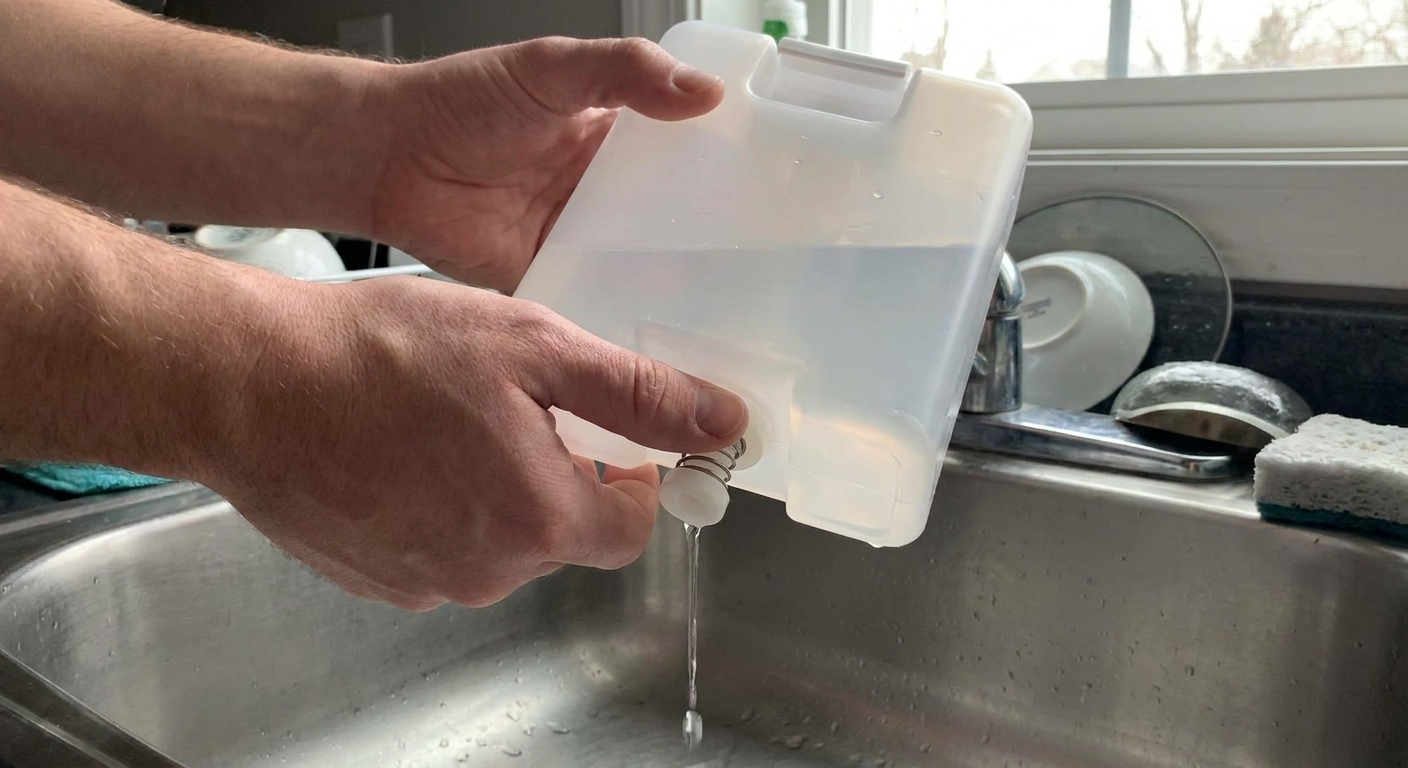 A real photo of someone holding a portable humidifier water tank over a kitchen sink while pressing the spring-loaded valve to test water flow