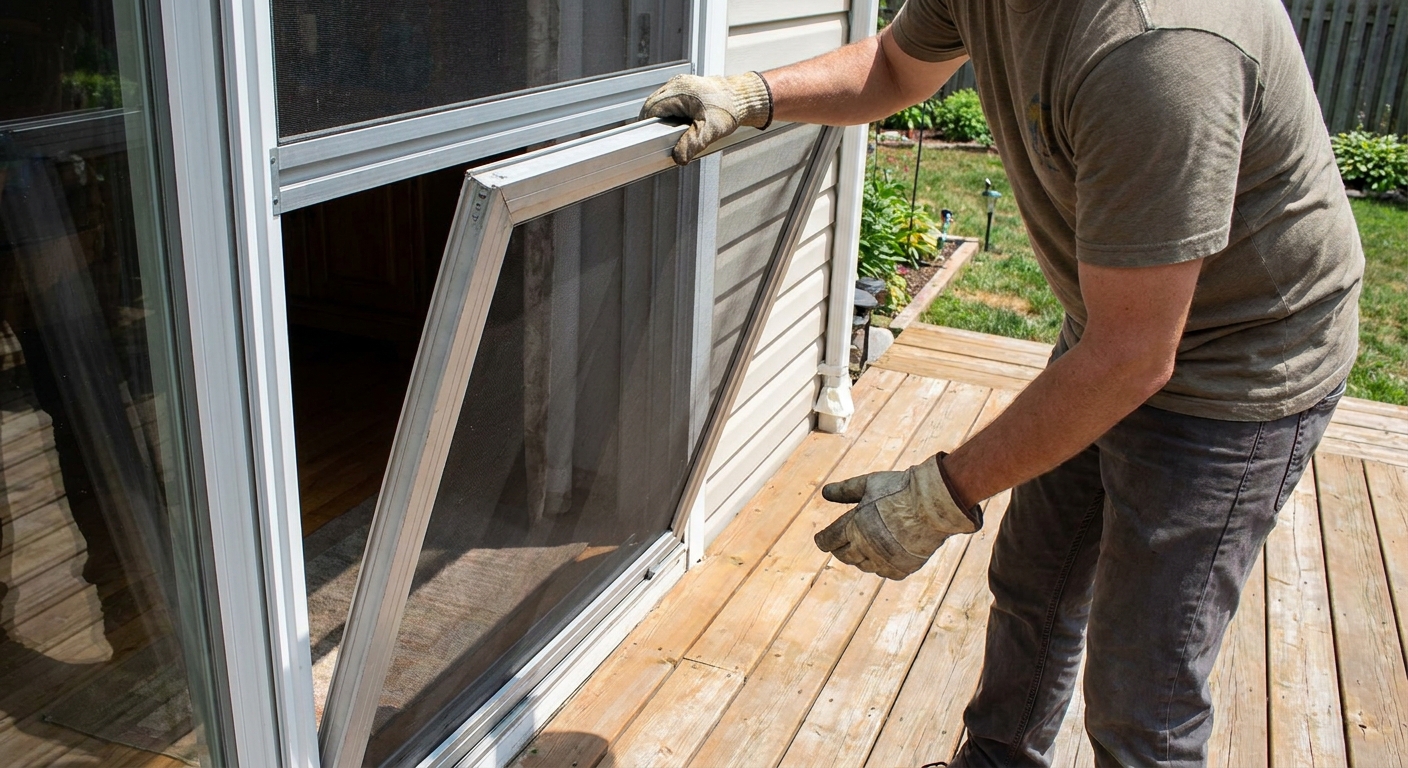 A real photo of someone lifting a sliding patio screen door upward into the top track while pulling the bottom edge outward, showing proper removal technique