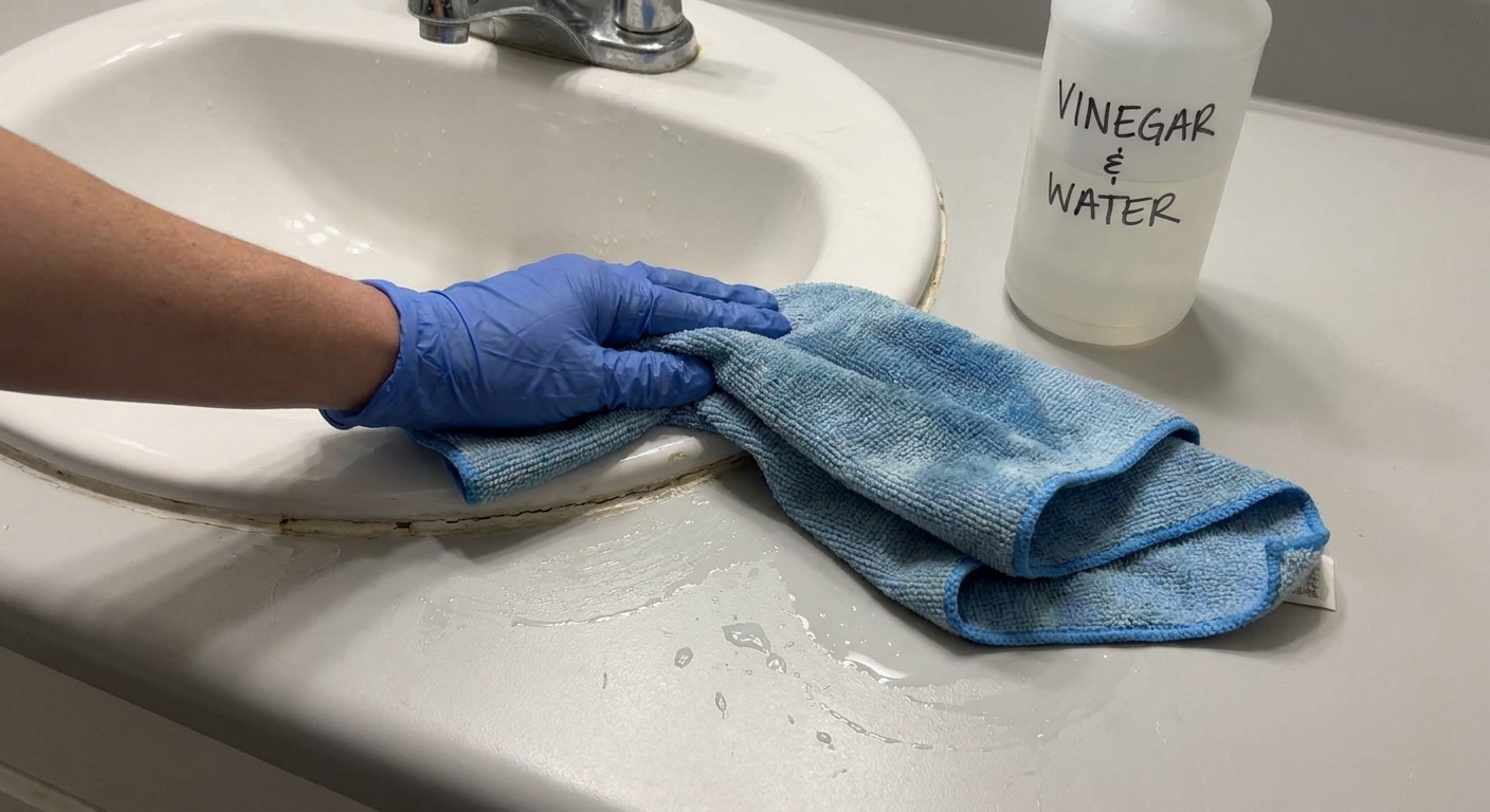 A real photo of someone wiping a bathroom sink rim and countertop seam with a cloth after spraying a vinegar and water cleaner