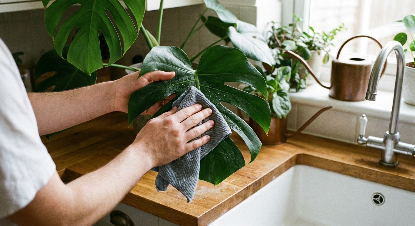 A real photo of someone wiping the underside of a broad houseplant leaf with a damp microfiber cloth near a sink