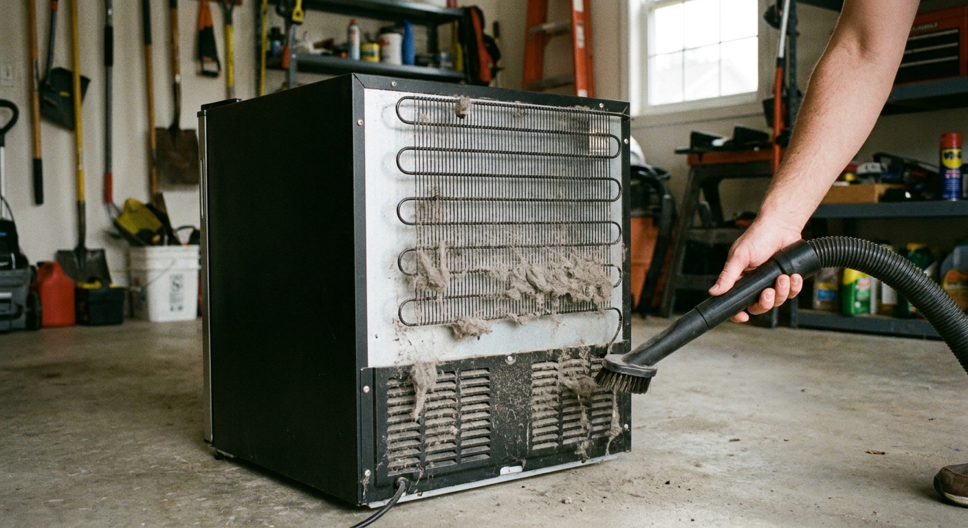 A real photo of the back of a compact beverage cooler showing dusty rear vents and a homeowner holding a vacuum hose nearby