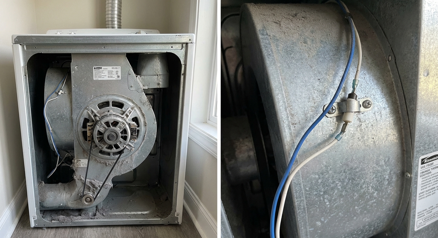 A real photo of the back of a household dryer with the rear access panel removed, showing a small white thermal fuse mounted to the blower housing with two wires attached