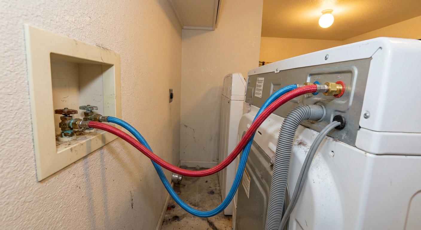 A real photo of the back of a household washing machine pulled slightly away from the wall, showing the hot and cold water inlet hoses connected to the washer and the shutoff valves on the wall box, indoor laundry room lighting
