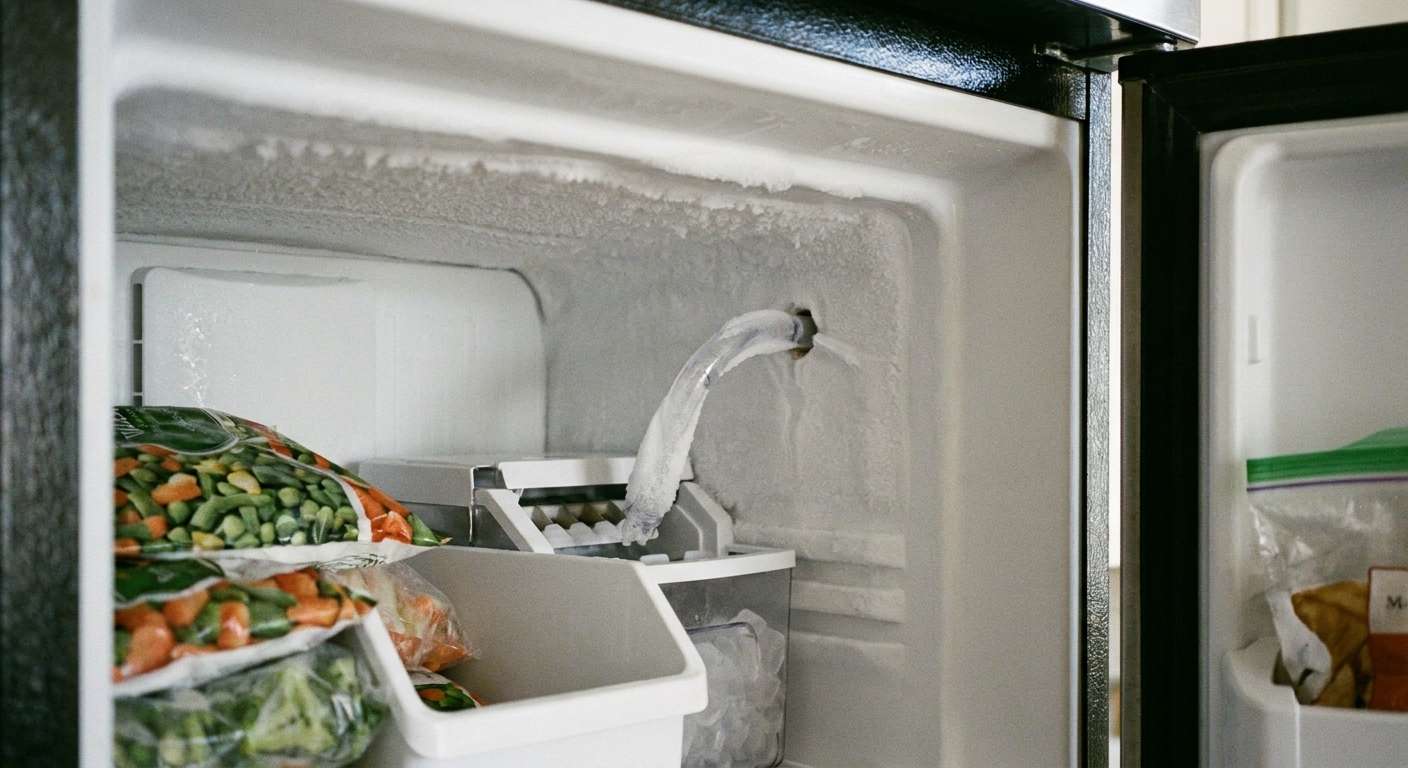 A real photo of the back wall of a freezer showing the small plastic fill tube that feeds water into the ice maker