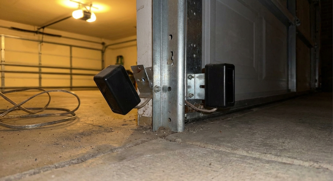 A real photo of the bottom inside edge of a garage door opening showing two photo-eye safety sensors mounted near the floor on each side of the track, with one sensor slightly bumped out of alignment, indoor garage lighting