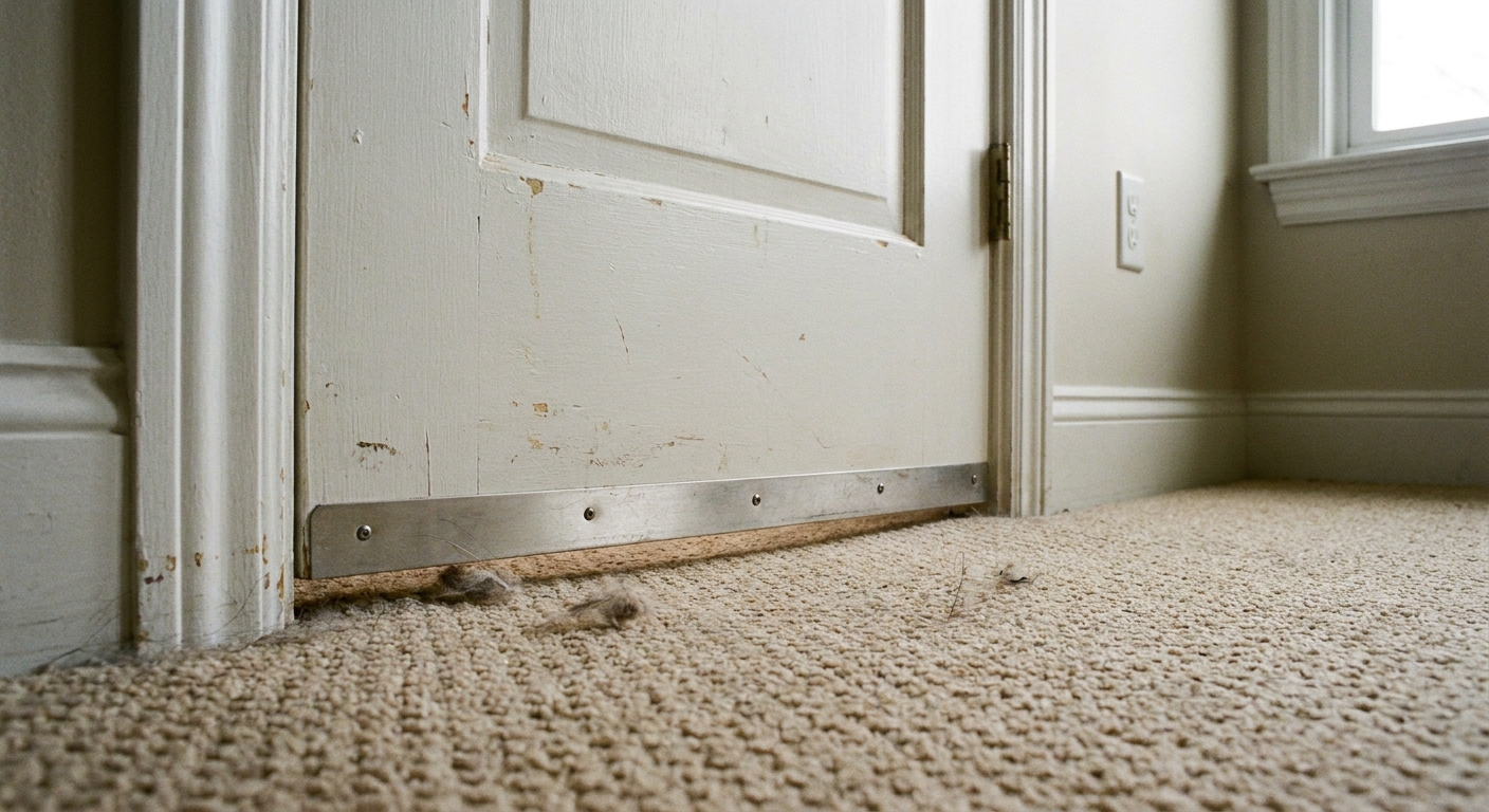 A real photo of the bottom of an interior bedroom door showing a small gap above carpet, viewed from floor level