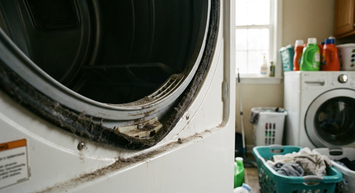 A real photo of the front rim of a dryer drum with the front panel removed, showing a worn glide or felt strip at the drum edge, taken in a laundry room with soft natural light