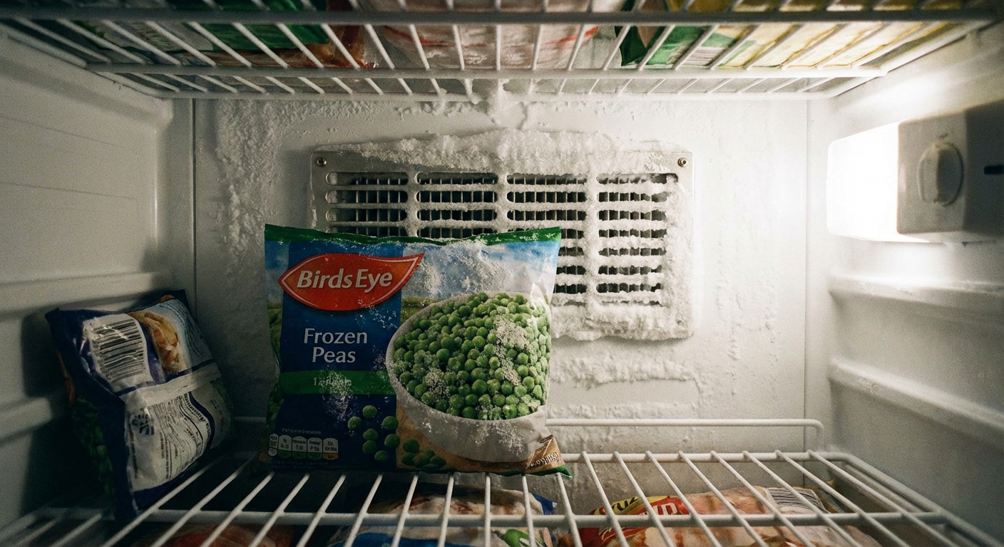 A real photo of the inside back wall of a freezer showing an air vent grille partially blocked by a bag of frozen vegetables, with light frost around the vent