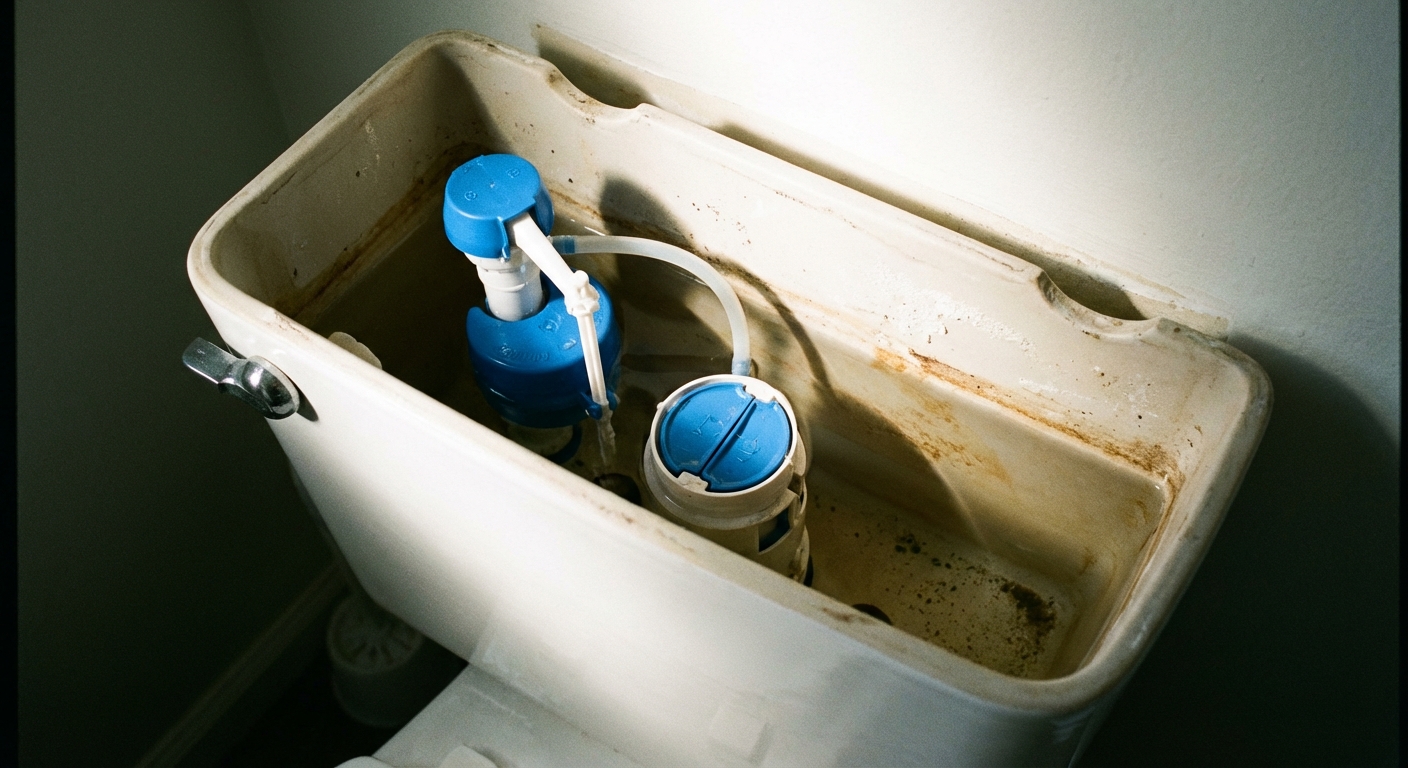 A real photo of the inside of a toilet tank showing a modern fill valve and float, lid removed, bathroom lighting, close-up composition
