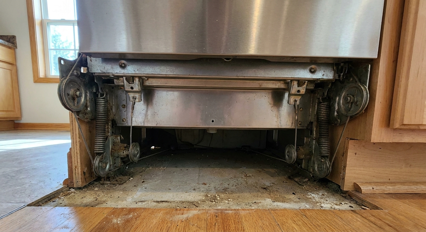 A real photo of the lower front of a dishwasher with the toe kick panel removed, revealing the hinge spring and cable mechanisms on both sides
