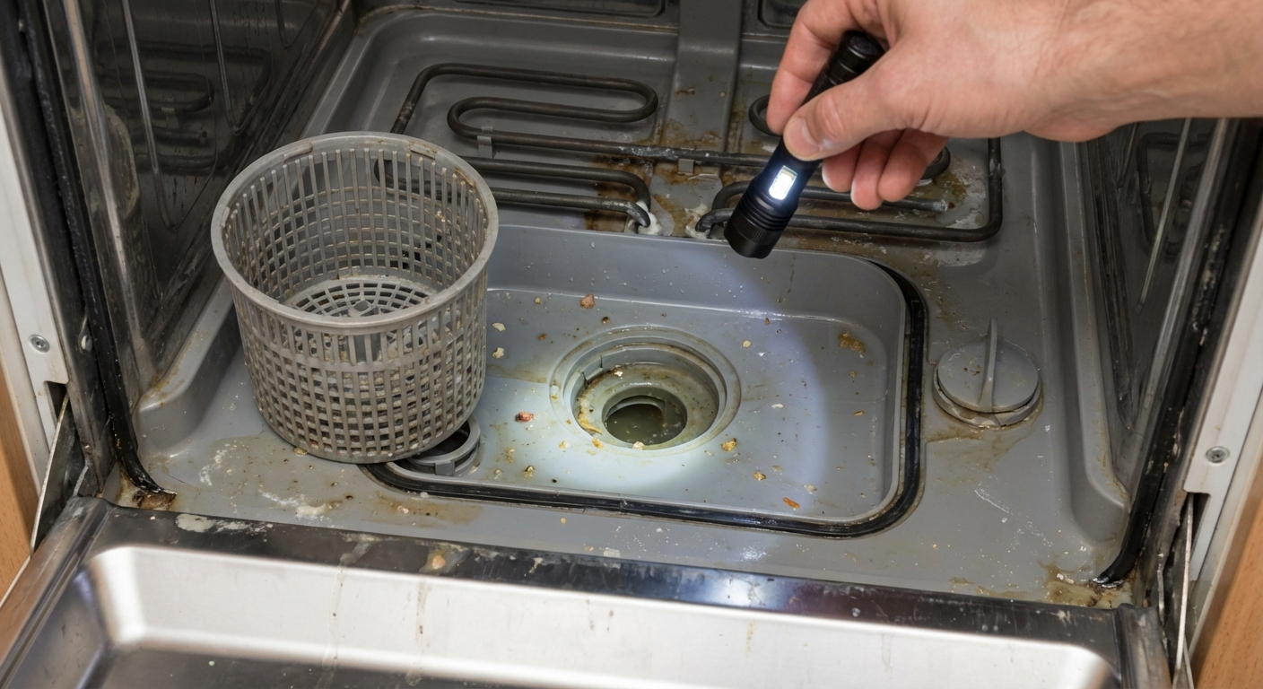 A real photo of the lower interior of an open dishwasher with the filter removed, showing the sump area where the drain pump intake is located, lit by a handheld flashlight, photorealistic