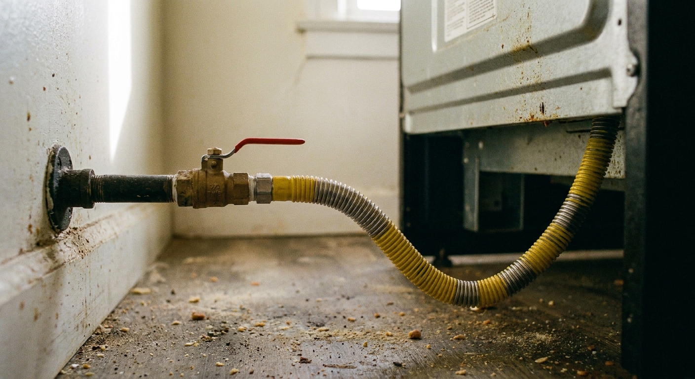 A real photo of the space behind a kitchen gas range showing a flexible corrugated gas connector attached to a shutoff valve