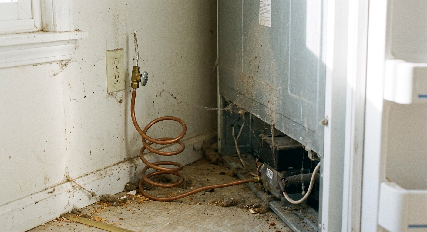 A real photo of the space behind a refrigerator showing a water supply line and shutoff valve near the wall