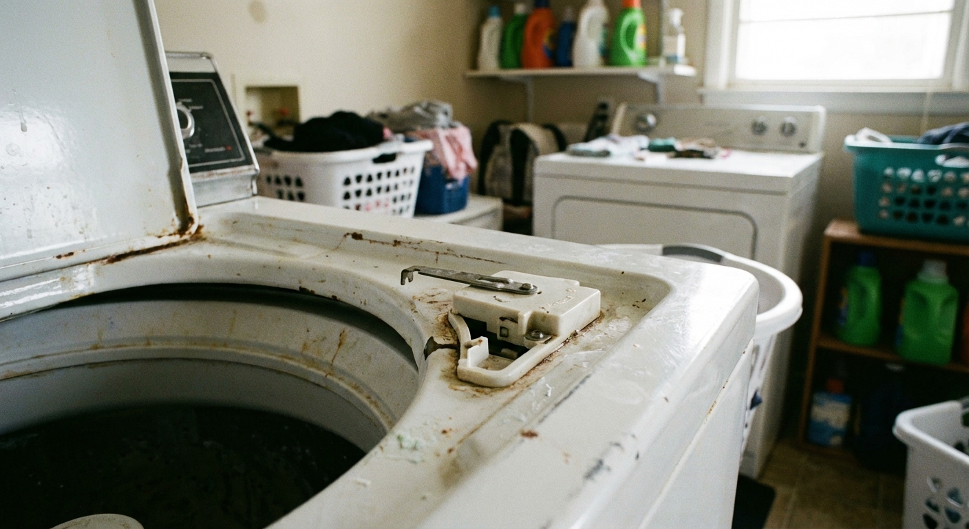 A real photo of the top rim of a top-load washing machine with the lid open, showing the lid switch area near the opening, in a typical home laundry room