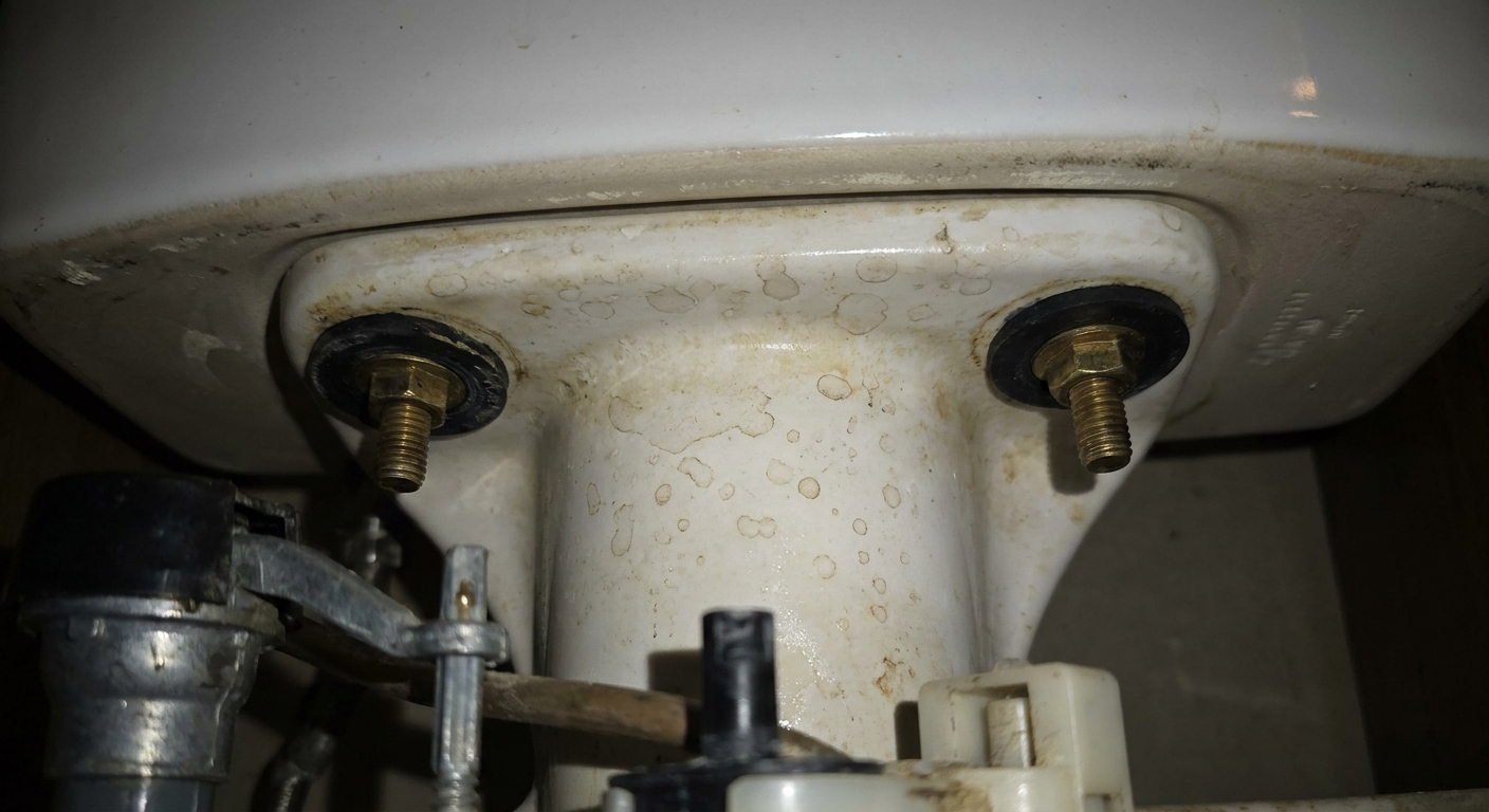 A real photo of the underside of a toilet tank showing tank bolt ends and rubber washers, with slight water spotting on the porcelain