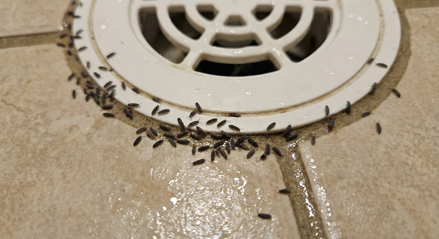 A real photo of tiny gray springtails clustered near a white shower drain on damp tile in a residential bathroom