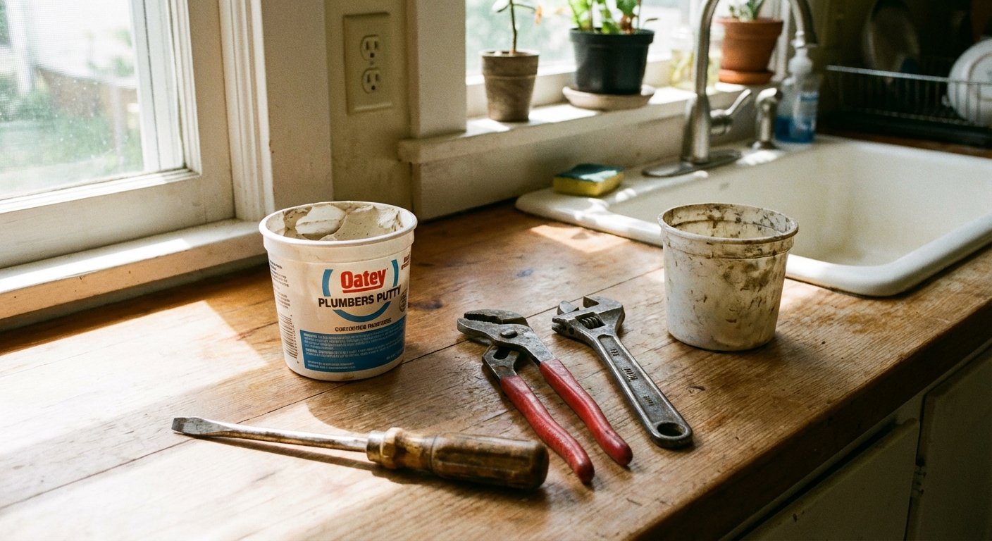 A real photo on a kitchen counter showing plumbers putty, a flathead screwdriver, channel-lock pliers, an adjustable wrench, and a small bucket, shot in natural window light