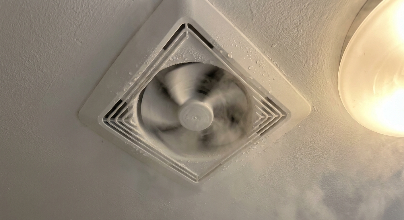 A real photo-style image of a bathroom ceiling exhaust fan running after a shower, soft steam in the air, clean white ceiling
