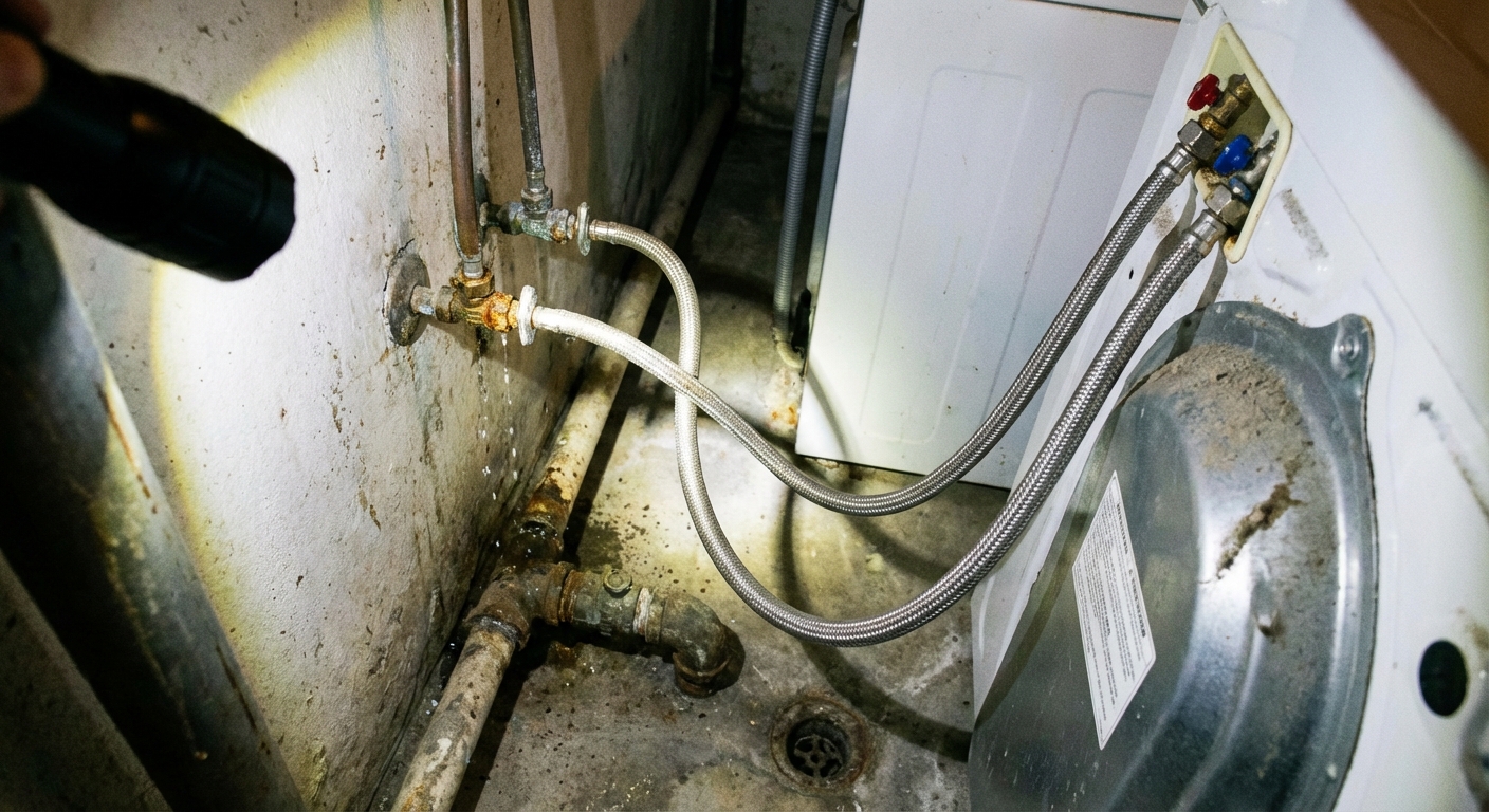 A real photo taken behind a washing machine showing the hot and cold water supply hoses connected to the washer and the wall shutoff valves, with a flashlight illuminating the connections