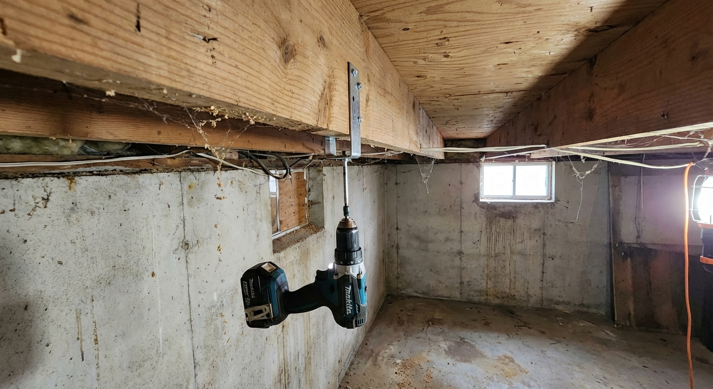 A real photo taken in an unfinished basement showing a drill and a squeak-repair bracket installed on the side of a floor joist under a plywood subfloor