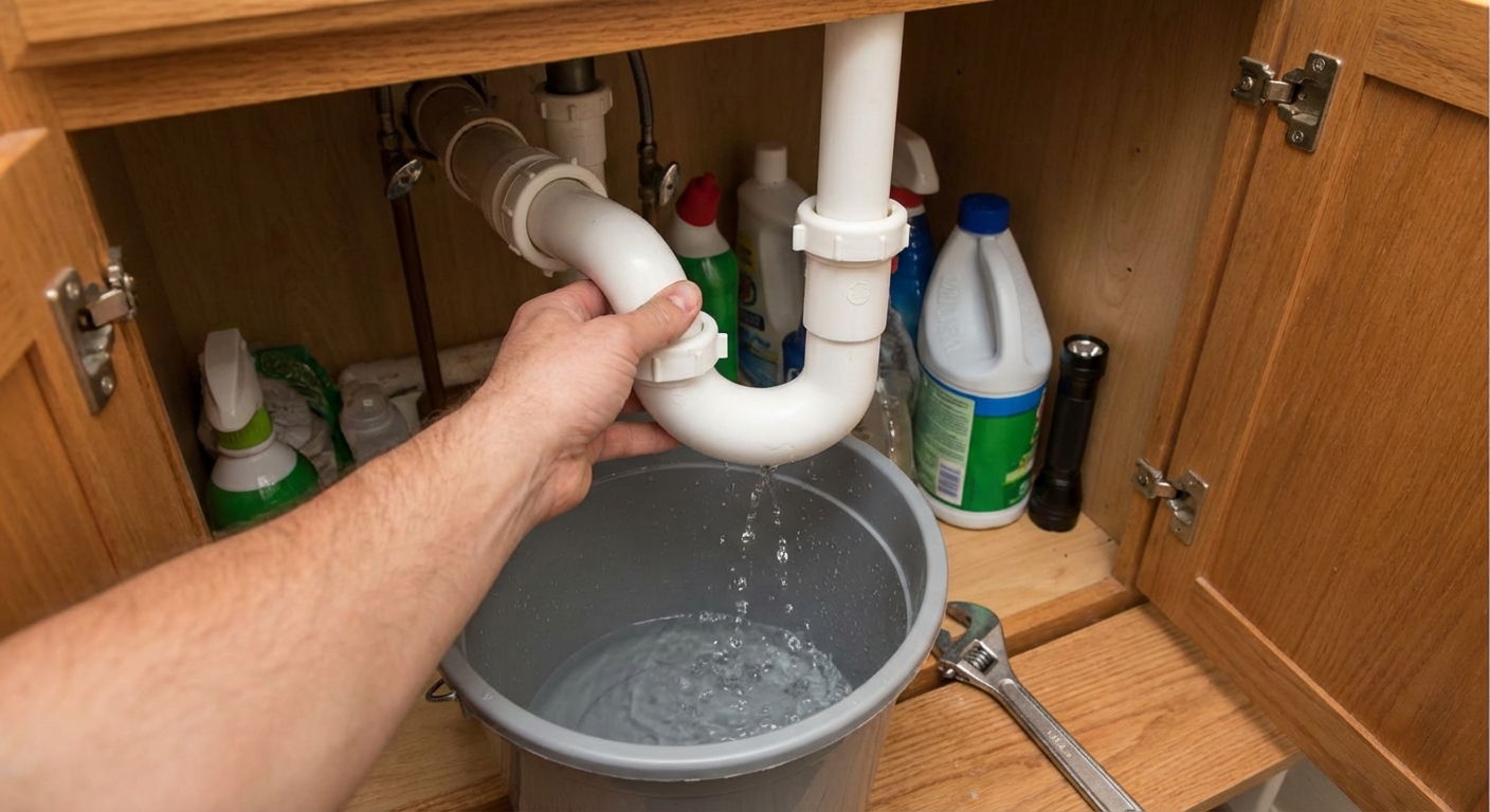 A real photo under a bathroom sink showing a white PVC P-trap being loosened by hand with a bucket underneath catching water, cabinet interior visible, photorealistic