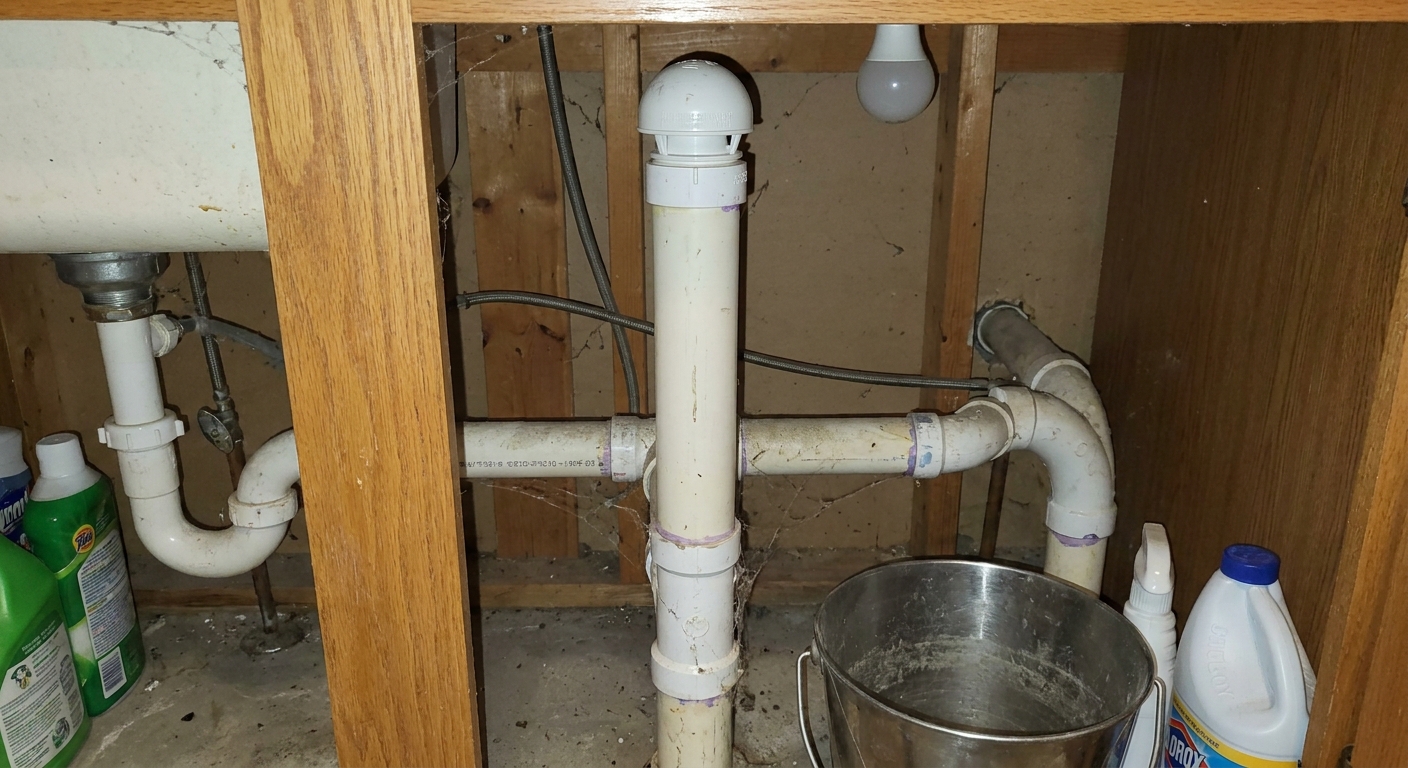 A real photo under a laundry sink showing a vertical vent pipe with an air admittance valve installed near the top, with PVC drain lines visible