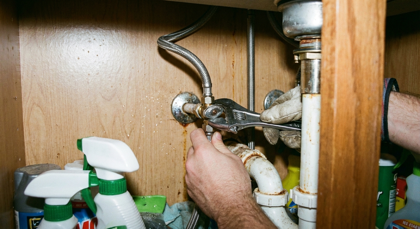 A real photo under a sink showing a braided stainless faucet supply line connected to a shutoff valve and running up to the faucet, with a homeowner's hand holding a wrench near the compression nut