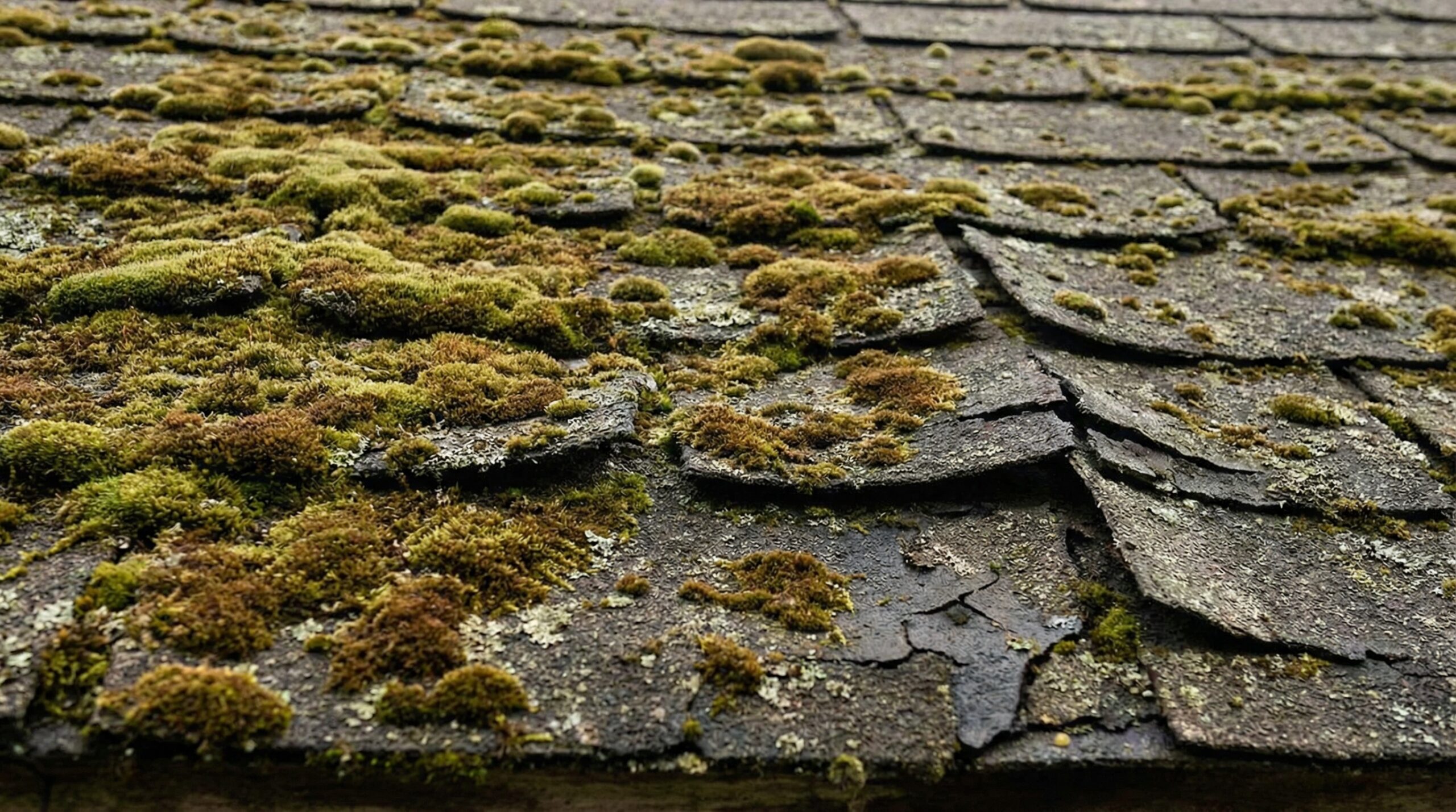 A real photograph close-up of green moss growing in clumps between asphalt shingle tabs on a damp roof surface