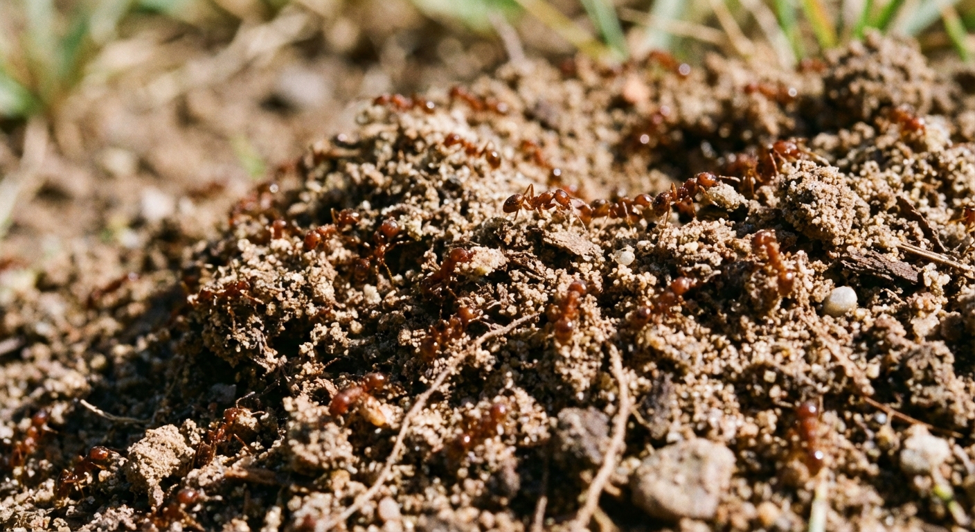 A real photograph close-up of small reddish-brown fire ants moving on a crumbly soil mound surface outdoors in daylight, shallow depth of field
