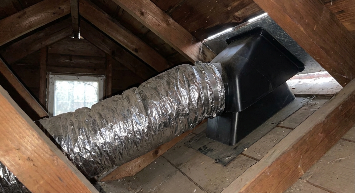 A real photograph in an attic showing a flexible insulated bathroom exhaust duct properly connected to a roof vent cap, wood rafters visible, soft ambient light, no text