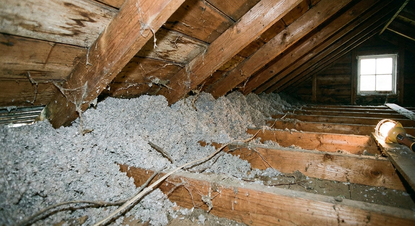 A real photograph inside an attic showing blown-in insulation packed tightly into the eave area, covering the soffit vent opening between rafters