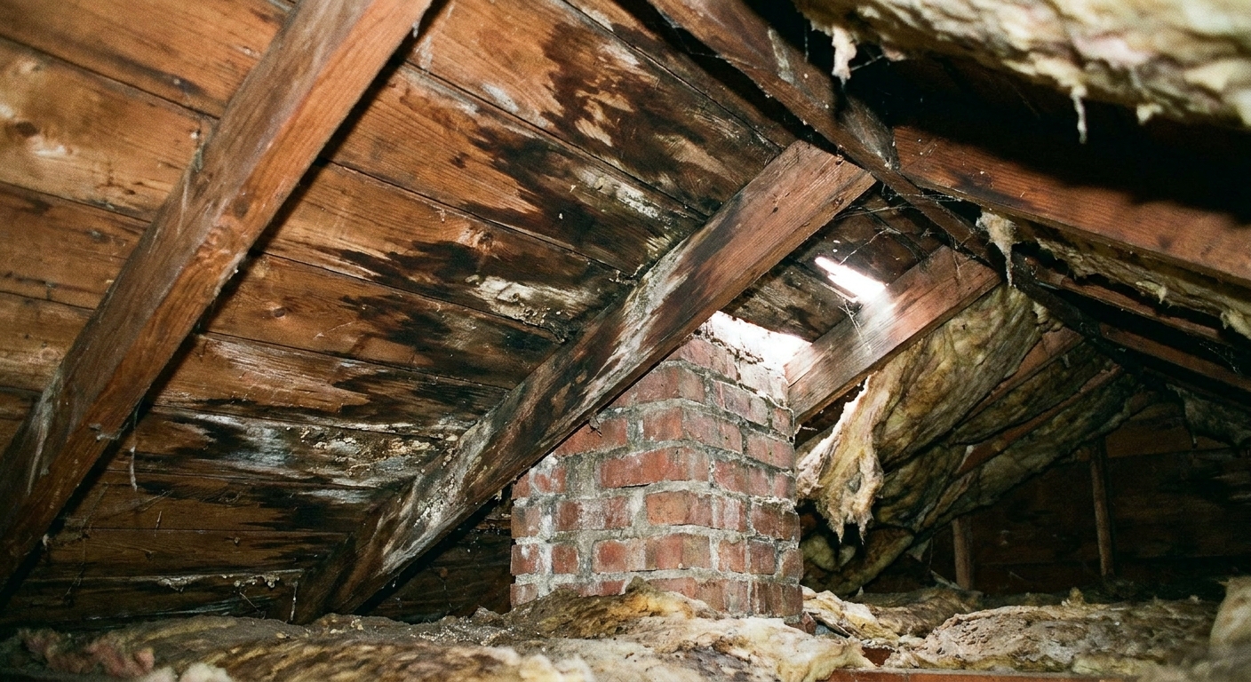 A real photograph inside an attic showing dark water staining on roof sheathing and rafters near a brick chimney penetration