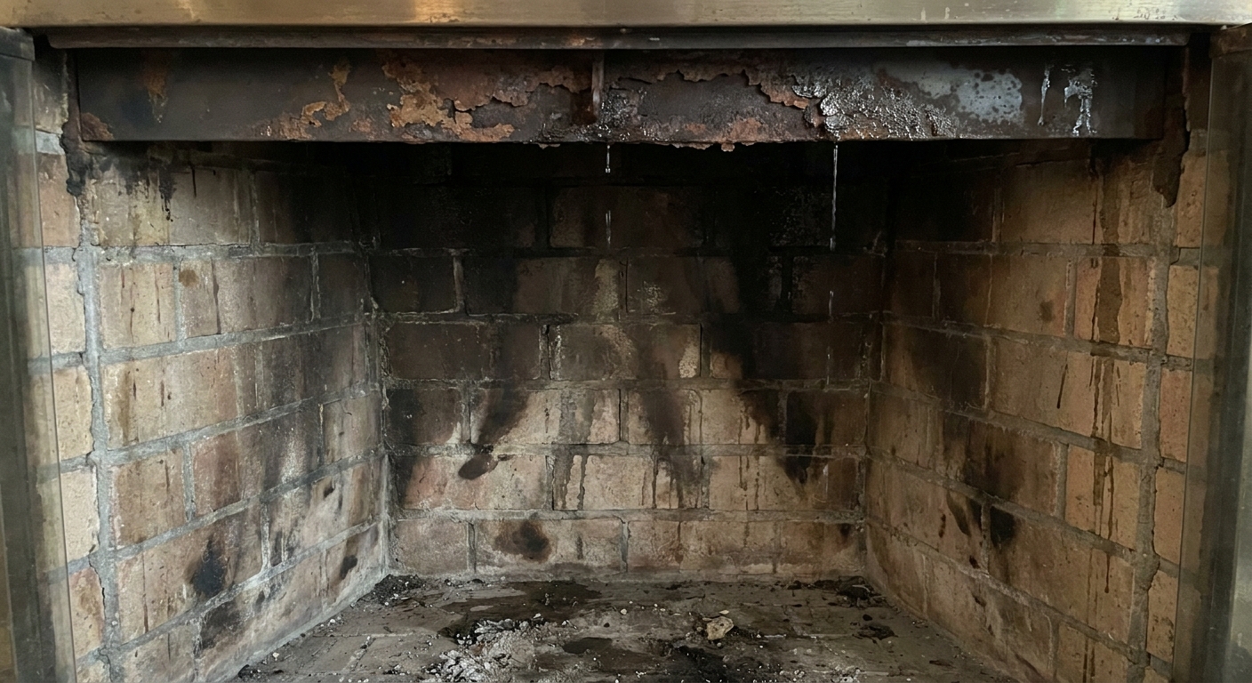 A real photograph looking into a masonry fireplace showing water staining on the firebox walls and a rusted damper area, typical of chimney rain intrusion