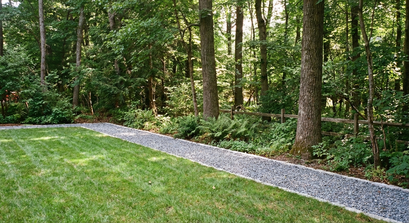 A real photograph of a backyard lawn meeting a wooded area with a three-foot gravel strip forming a clean border between the grass and the trees