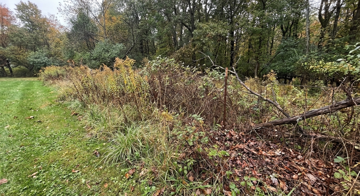 A real photograph of a backyard property line where short lawn transitions into tall weeds and leaf litter along a wooded edge, showing the kind of habitat ticks prefer