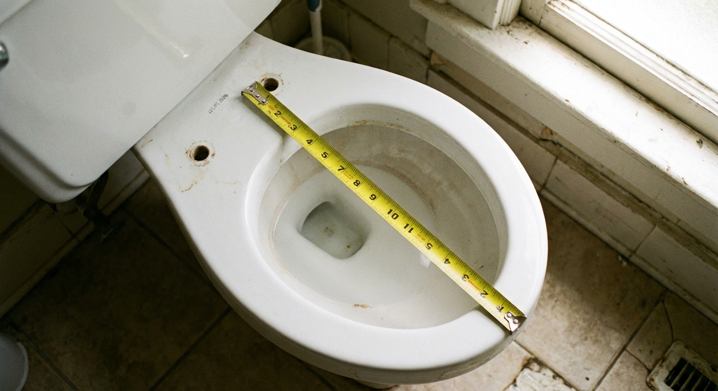 A real photograph of a bathroom toilet viewed from above with the seat removed, showing the bare porcelain bowl shape clearly with a tape measure stretched from the bolt hole area to the front rim, bright natural lighting