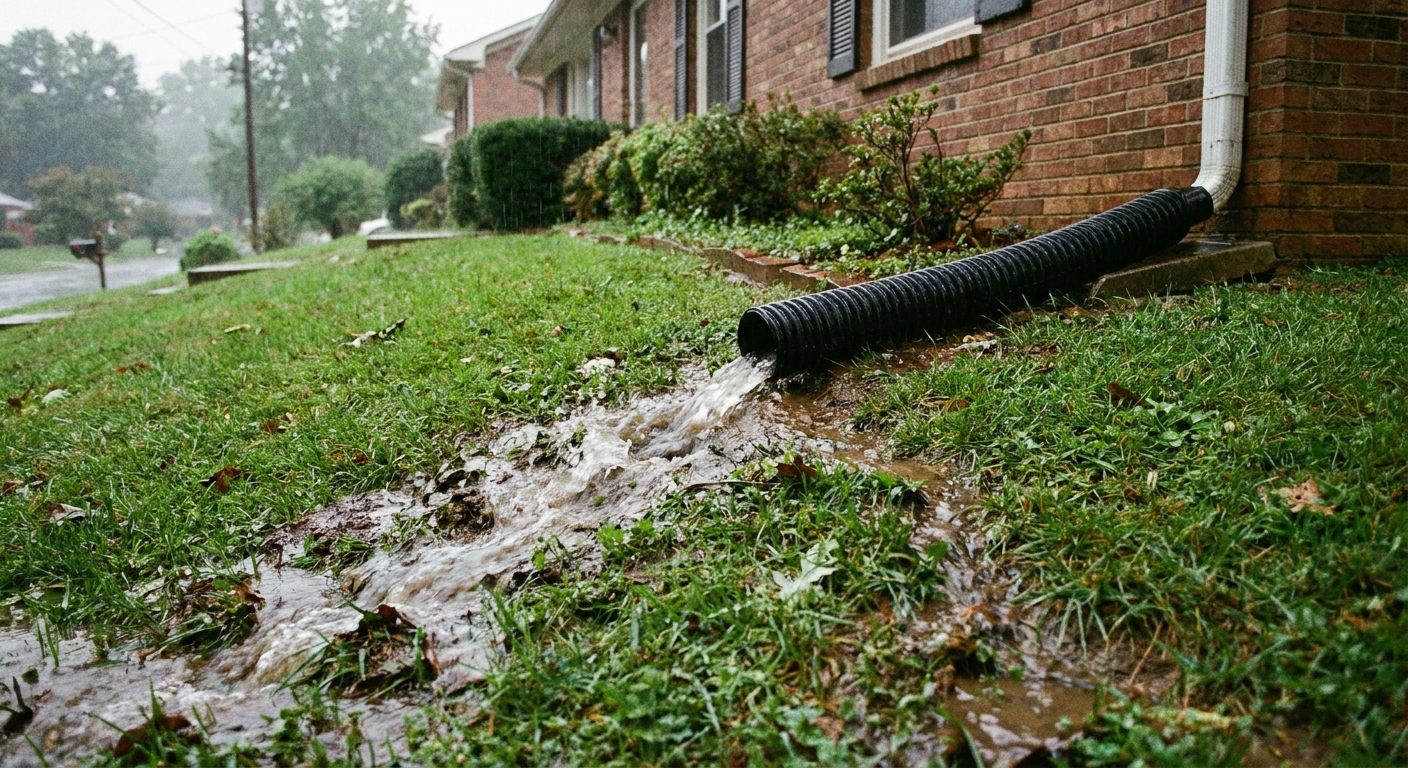 A real photograph of a black downspout extension carrying rainwater away from a home foundation onto a sloped lawn