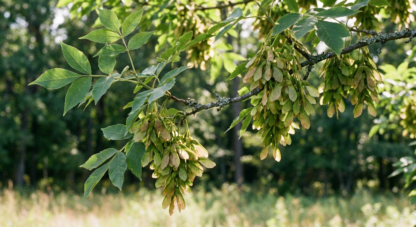 A real photograph of a boxelder maple tree branch with green compound leaves and a cluster of hanging seed pods, shot outdoors in natural light